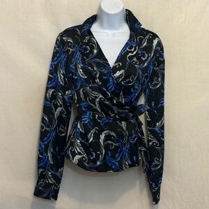 G-189 Covington Black Blue & Gray Wrap Style Long Sleeve Blouse Size S‎